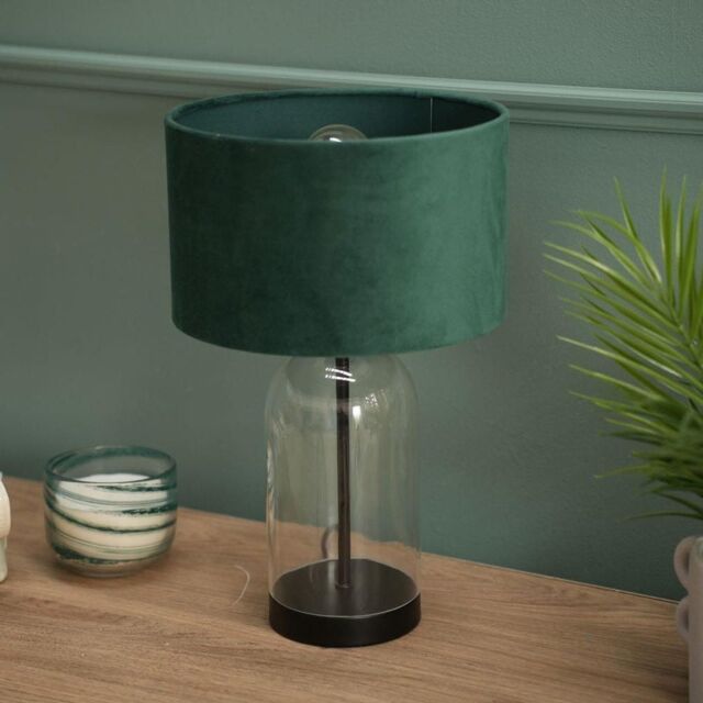 ValueLights Jessy Black Glass Table Lamp With Forest Green Velvet Shade - image 1