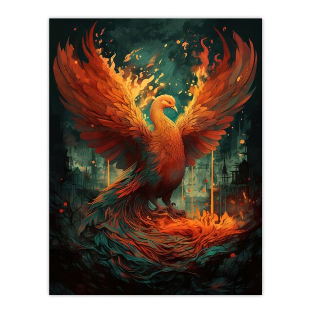 Artery8 Wall Art Print Majestic Phoenix Bird Concept Painting Blue Orange Red Mythical Creature Rising from the Ashes Spreading Fire Wings Vibrant - image 1