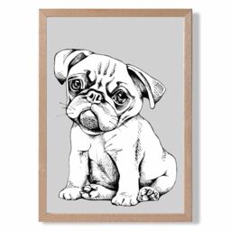 ARTZE Sketch Pug Dog on Light Grey Framed Print SIZE: A2 with Oak Frame