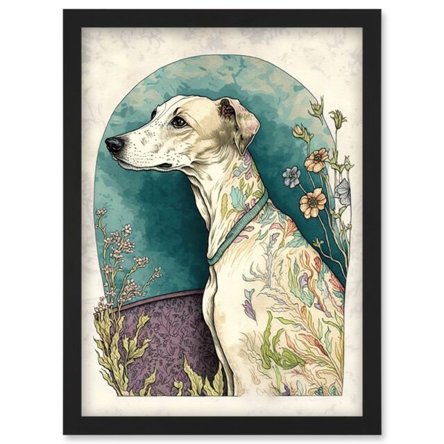 Artery8 Whippet Dog with Flowers Modern Multicoloured Watercolour Illustration Artwork Framed Wall Art Print A4 in Black - image 1