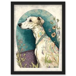 Artery8 Whippet Dog with Flowers Modern Multicoloured Watercolour Illustration Artwork Framed Wall Art Print A4 in Black - thumbnail 1