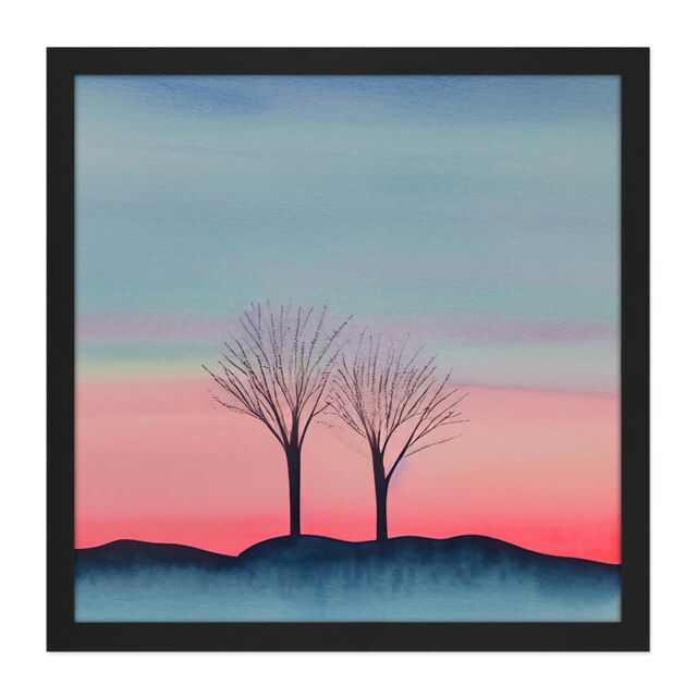 "Artery8 Wall Art Print Two Winter Trees Sunset Simple Landscape Soft Watercolour Painting Square Framed Picture 16X16 Inch - Size: W16"" x H16""" - image 1