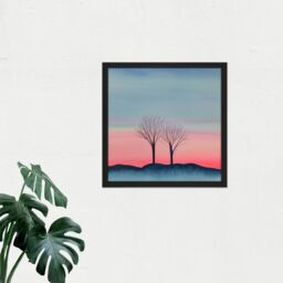 "Artery8 Wall Art Print Two Winter Trees Sunset Simple Landscape Soft Watercolour Painting Square Framed Picture 16X16 Inch - Size: W16"" x H16""" - thumbnail 2