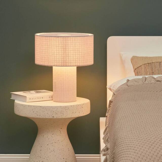 Wyld and Coco Bedside Lamp Grey Cotton-Linen Drum Shade 30cm - image 1