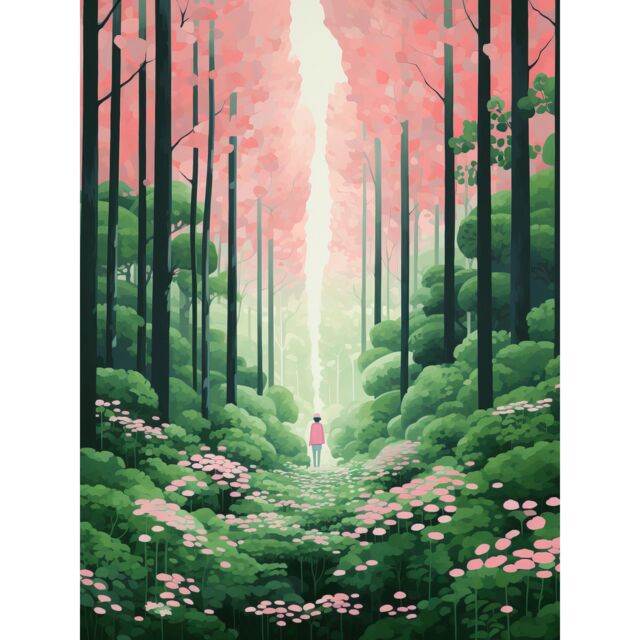 "Artery8 Wall Art Print Mount Yoshino Cherry Blossom Tree Forest Bright Artwork Baby Pink Green Walk in Nature Trail Poster - Size: W12"" x H16""" - image 1