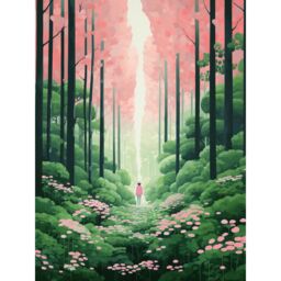"Artery8 Wall Art Print Mount Yoshino Cherry Blossom Tree Forest Bright Artwork Baby Pink Green Walk in Nature Trail Poster - Size: W12"" x H16""" - thumbnail 1
