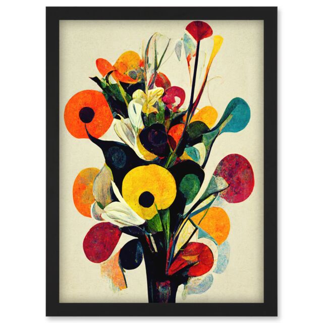 Artery8 Abstract Kandinsky Inspired Multicolour Flower Bouquet In Vase Artwork Framed Wall Art Print A4 in Black - image 1