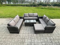 Fimous 12 Seater Rattan Garden Furniture Set Indoor Outdoor Patio Sofa Set with Coffee Table 3 Footstools Dark Grey Mixed - thumbnail 1