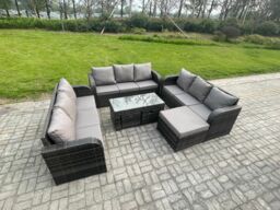Fimous 12 Seater Rattan Garden Furniture Set Indoor Outdoor Patio Sofa Set with Coffee Table 3 Footstools Dark Grey Mixed - thumbnail 2