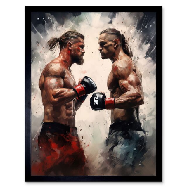 "Artery8 Wall Art Print Cage Fight Oil Paint Artwork Combat Mixed Martial Arts Boxing Wrestling Art Framed in Black - Size: W12"" x H16""" - image 1