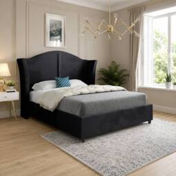 Casani Tirley Curved Winged Upholstered Black Soft Velvet Designer Bed Frame - Size: Single - thumbnail 1