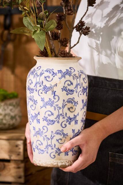 Dibor Vintage Solene Blue Small Botanical Flower Urn Vase H29 x Dia16cm in Cream - image 1