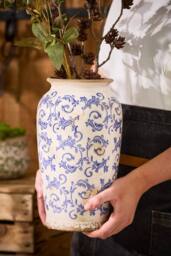 Dibor Vintage Solene Blue Small Botanical Flower Urn Vase H29 x Dia16cm in Cream