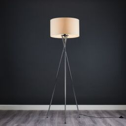ValueLights Camden Polished Chrome Tripod Floor Lamp with Cream Drum Lamp Shade in Beige