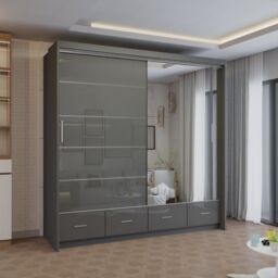 Sliding Wardrobes 4U Modern High Gloss Sliding Wardrobe with LED Light 208cm x 220cm in Grey - Size: 208 cm x 220 cm - thumbnail 1