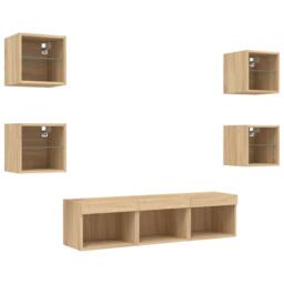 Berkfield Home Versatile 7 Piece TV Wall Units with LED Sonoma Oak Engineered Wood in Tan - thumbnail 5