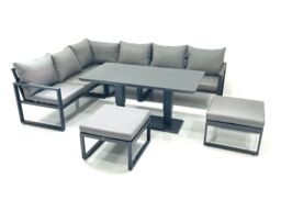 Fimous Aluminum Outdoor Garden Furniture Set Corner Sofa 2 Big Footstools Adjustable Rising Lifting Dining Table Sets Dark Grey - thumbnail 1