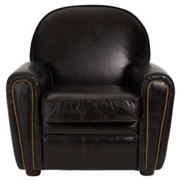 Orsina Black Leather Classic Armchair, Leather Upholstered Ocassional Chair, Metallic Black Seat With Brass Studs - thumbnail 2