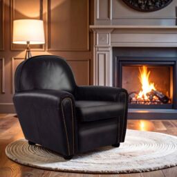 Orsina Black Leather Classic Armchair, Leather Upholstered Ocassional Chair, Metallic Black Seat With Brass Studs