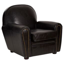 Orsina Black Leather Classic Armchair, Leather Upholstered Ocassional Chair, Metallic Black Seat With Brass Studs - thumbnail 6