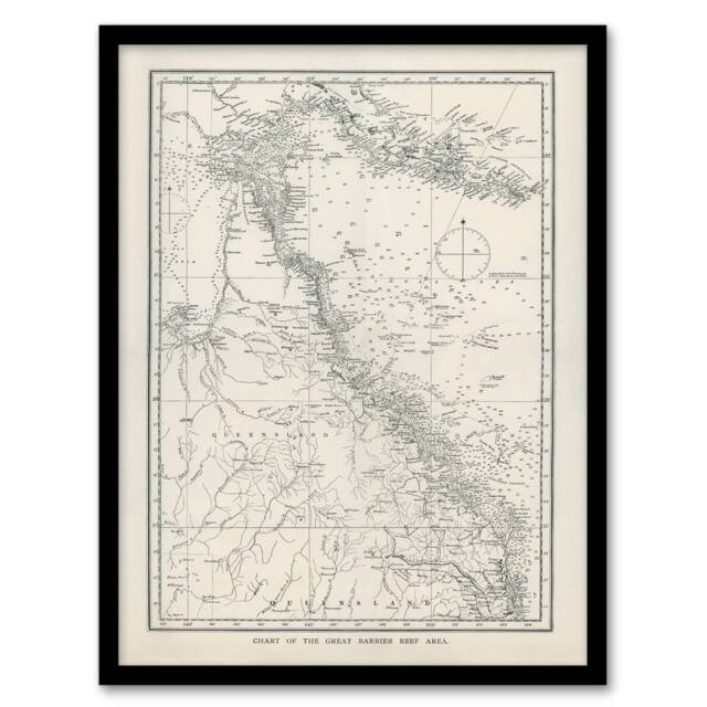 "Artery8 Great Barrier Reef Area Chart Map Kent Framed Wall Art Print in White - Size: W12"" x H16""" - image 1