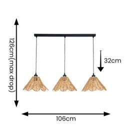 ValueLights Vine Rattan Flower Shade 3 Drop Matte Black Diner Ceiling Pendant Light & Bulbs in Natural - thumbnail 4