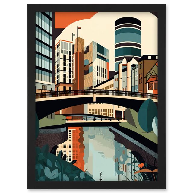 Artery8 Birmingham City Centre Canal Geometric Cityscape Artwork Framed Wall Art Print A4 in Black - image 1