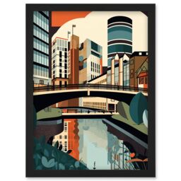 Artery8 Birmingham City Centre Canal Geometric Cityscape Artwork Framed Wall Art Print A4 in Black - thumbnail 1