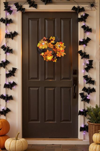 Living and Home 35cm Halloween Maple Leaves Berries Rattan Wreath with Ghost Card & 2m LED String Lights in Orange - image 1