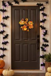 Living and Home 35cm Halloween Maple Leaves Berries Rattan Wreath with Ghost Card & 2m LED String Lights in Orange - thumbnail 1