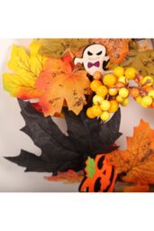 Living and Home 35cm Halloween Maple Leaves Berries Rattan Wreath with Ghost Card & 2m LED String Lights in Orange - thumbnail 6