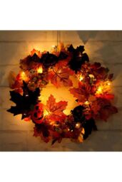 Living and Home 35cm Halloween Maple Leaves Berries Rattan Wreath with Ghost Card & 2m LED String Lights in Orange - thumbnail 4