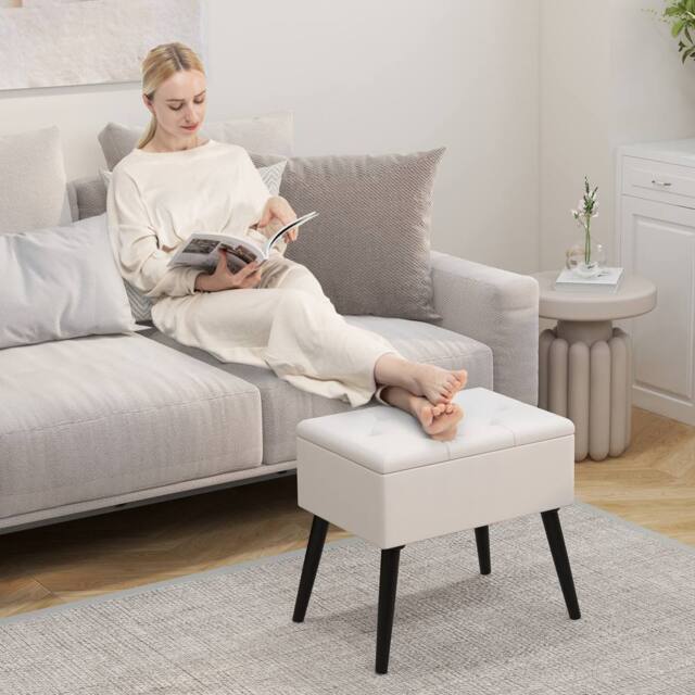 Costway Velvet Storage Ottoman Flip Top Stool w/ Solid Wood Legs in Beige - image 1