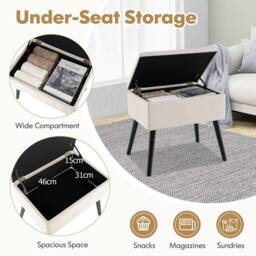Costway Velvet Storage Ottoman Flip Top Stool w/ Solid Wood Legs in Beige - thumbnail 7