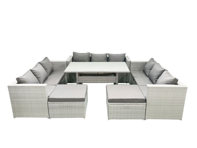 Fimous Rattan Garden Outdoor Furniture Set 11 Seater Garden Sofa Rectangulr Dining Table Set with 2 Big Footstools Light Grey Mixed - image 1