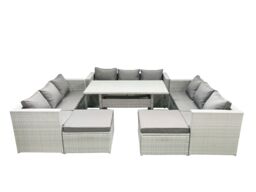 Fimous Rattan Garden Outdoor Furniture Set 11 Seater Garden Sofa Rectangulr Dining Table Set with 2 Big Footstools Light Grey Mixed - thumbnail 1
