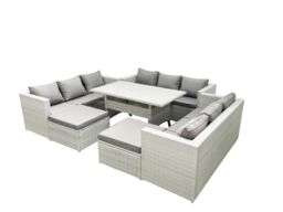 Fimous Rattan Garden Outdoor Furniture Set 11 Seater Garden Sofa Rectangulr Dining Table Set with 2 Big Footstools Light Grey Mixed - thumbnail 2