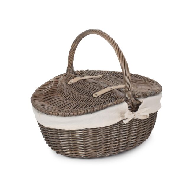 Red Hamper Wicker Antique Wash Finish Lined Oval Picnic Basket in White - image 1
