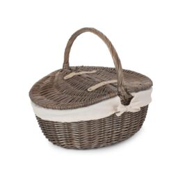Red Hamper Wicker Antique Wash Finish Lined Oval Picnic Basket in White