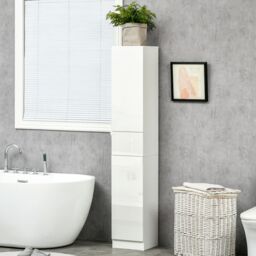 Kleankin Modern High Gloss Tall Bathroom Cabinet with Adjustable Shelves in White - thumbnail 1