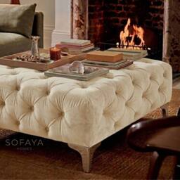 Sofaya Monaco Chesterfield Velvet Foot Stool, Deep Buttoned Coffee Table in Cream - Size: 100 cm x 80 cm - thumbnail 2