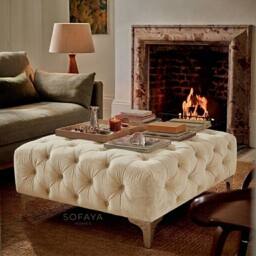 Sofaya Monaco Chesterfield Velvet Foot Stool, Deep Buttoned Coffee Table in Cream - Size: 100 cm x 80 cm - thumbnail 1