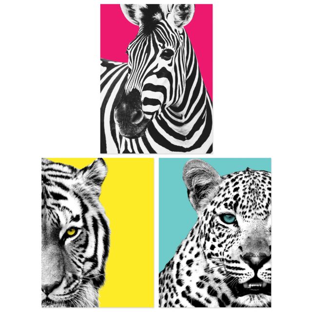 Artery8 Wall Art Print Pack of 3 A4 Bright Wild Animal Bright Pink & Yellow Zebra Lion Leopard Colour Block Poster Living Room s Set - image 1