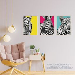 Artery8 Wall Art Print Pack of 3 A4 Bright Wild Animal Bright Pink & Yellow Zebra Lion Leopard Colour Block Poster Living Room s Set - thumbnail 3