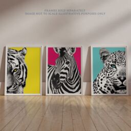 Artery8 Wall Art Print Pack of 3 A4 Bright Wild Animal Bright Pink & Yellow Zebra Lion Leopard Colour Block Poster Living Room s Set - thumbnail 6