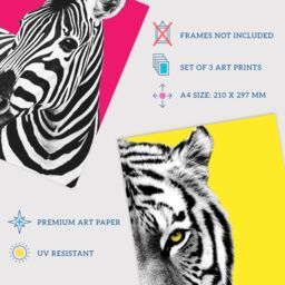 Artery8 Wall Art Print Pack of 3 A4 Bright Wild Animal Bright Pink & Yellow Zebra Lion Leopard Colour Block Poster Living Room s Set - thumbnail 4