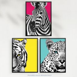 Artery8 Wall Art Print Pack of 3 A4 Bright Wild Animal Bright Pink & Yellow Zebra Lion Leopard Colour Block Poster Living Room s Set - thumbnail 5