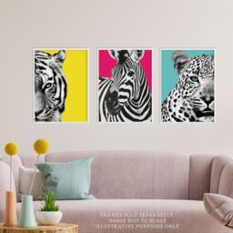 Artery8 Wall Art Print Pack of 3 A4 Bright Wild Animal Bright Pink & Yellow Zebra Lion Leopard Colour Block Poster Living Room s Set - thumbnail 2