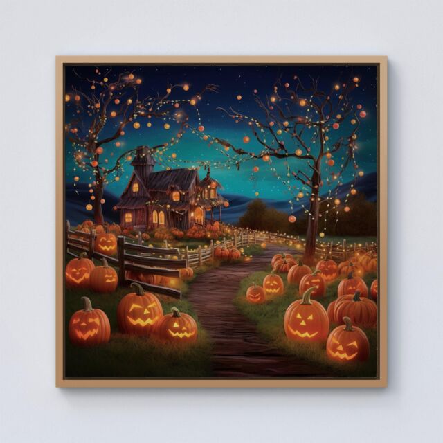 Warren Reed - Designer Enchanted Hallowen Pumpkin Patch Framed Canvas in Light Brown - Size: w40 inch x h40 inch - image 1