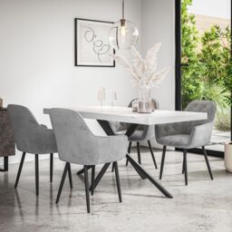 More4Homes Donni Dining Table & Chairs - White Marble Effect Table Top w Black Legs + Anika Velvet Dining Chair Set Of 4 in Grey - thumbnail 1